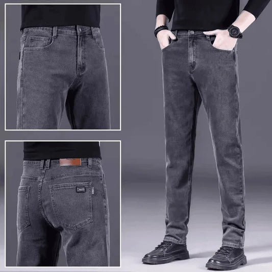 High-End Men's Fleece-Lined Thick Stretchy Straight Leg Jeans 2025 New Style Loose Fit Smoke Grey Trousers for Men.