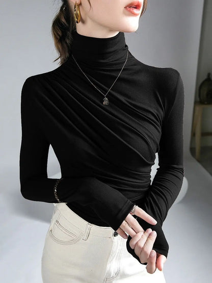 Pleated Stretch T-shirt New Spring Autumn Turtleneck Bottoming Pullover Women's Casual Elegant Basic Top Shirts Harajuku Gothic.