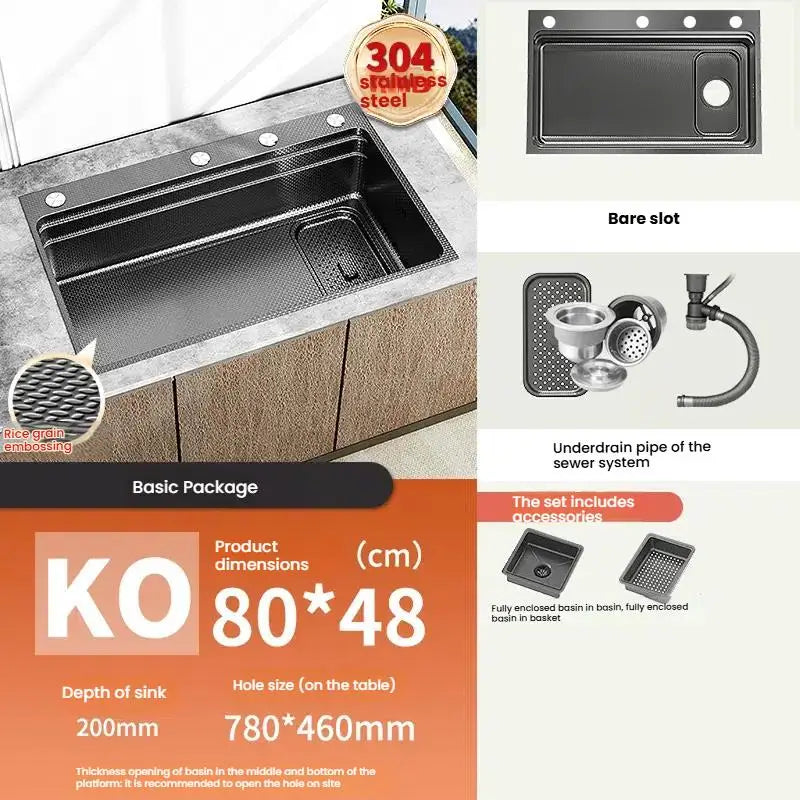 Gray 304 Stainless Steel Kitchen Sink Wash Dish Bowl Nano Embossing Large Single Slot Multifunctional Household Undermount Basin