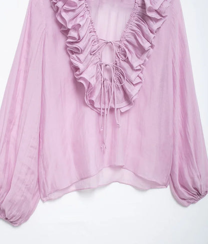 MUJER 2025 Ruffle Blouses for Women Semi Sheer Casual Blouse Woman Pleated Summer Shirts and Blouses Women Long Sleeve Women Top.