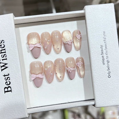 10pc Cat Eye Almond Handmade Press on Nails Light Blue Bow Fake Nails False Nails Artificial Nail Wearable Nail Tips Art Uñas.