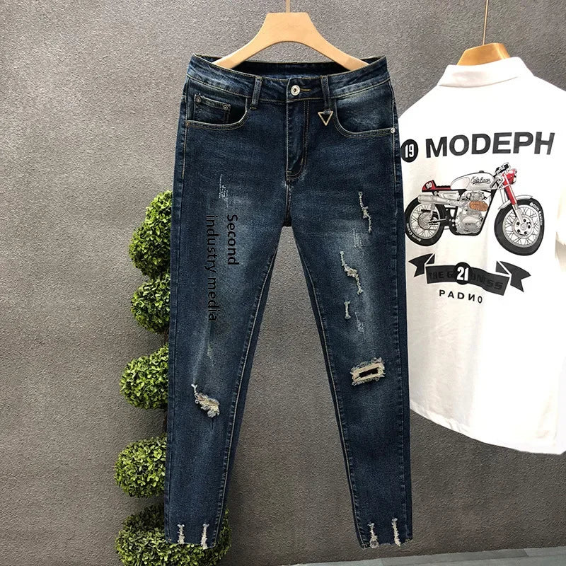 Trendy Unique Holed Men's Jeans Straight Leg Slim Fit Cropped Pants Summer Style Casual Business Fashion Shorts For Men.