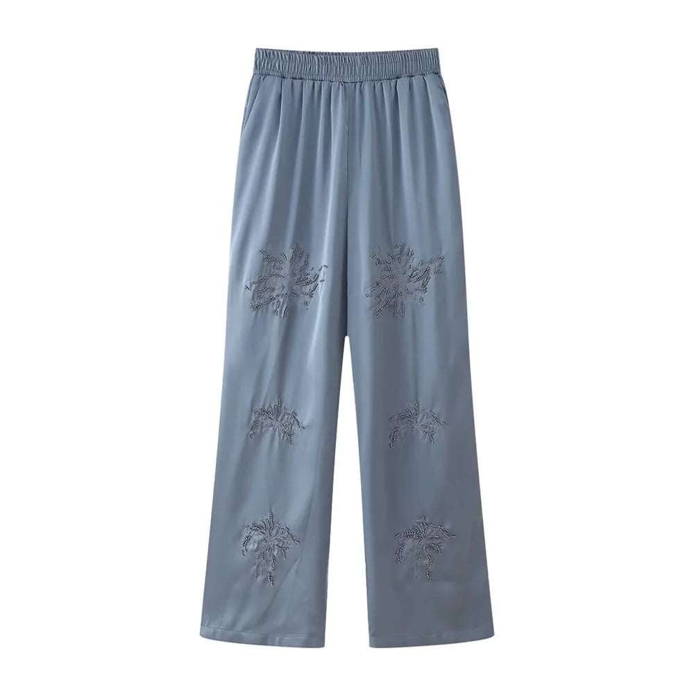 Summer New Product Women's Style Flip Collar with Beaded Embroidered Shirt, High Waist Straight Leg Pants Set