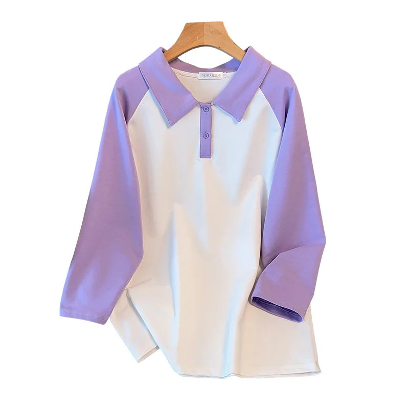 170kg plus size Damen büste Frühling Herbst loser Polo kragen kontrastieren des Sweatshirt schwarz lila 4xl 5xl 6xl 7xl 8xl 9xl.