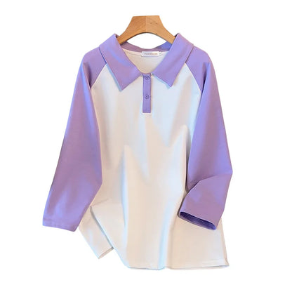 170kg plus size Damen büste Frühling Herbst loser Polo kragen kontrastieren des Sweatshirt schwarz lila 4xl 5xl 6xl 7xl 8xl 9xl.