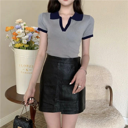Jielur Spell Color Polo Knitting Women's Blouses Slim Sexy Short Sleeve Summer New Casual Female Blouse Chic Simple Office Lady