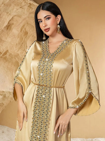 Luxury Dubai Diamonds Abaya Satin Long Dress Women Muslim Islam Clothing Evening Party Gown Ramadan Caftan Marocain Femme Robe ﻿.