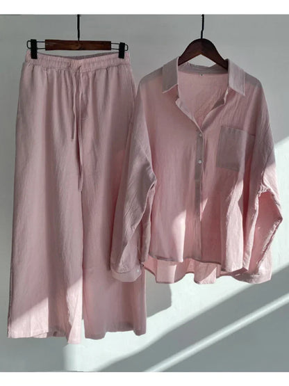 Pants Set Women Shirts Wide Leg Elastic Waist Cotton Linen Casual Sets Elegant Loose Long Sleeve Lapel Spring Shirt Y2k Suit