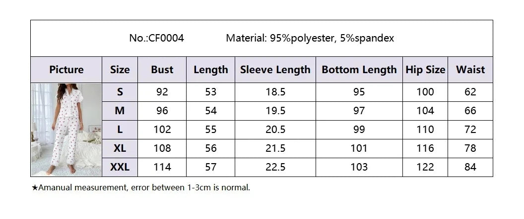 Damen-Pyjama-Set mit Spitzenbesatz, kurzärmliges Oberteil mit Knöpfen vorne und durchgehende Hose, Kirschdruck, 2-teilig, Nachtwäsche, Nachtwäsche, Homewear.