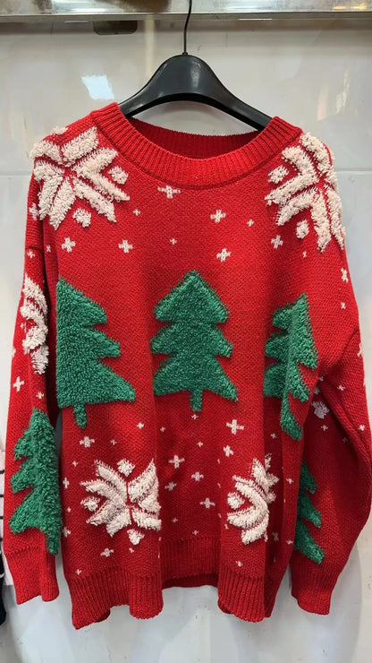 2024 Autumn/Winter New Korean Thickened Color blocked Christmas Sweater Women Hoodie Snowflake Loose Round Neck Lazy Style Tops.