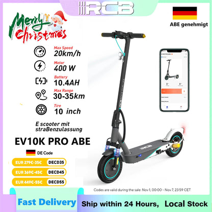 RCB EV10K PRO ABE Electric Scooter, App Control, 10'' Foldable 400W Electric Scooter Adults, E-Scooter with Dual shock absorbers.