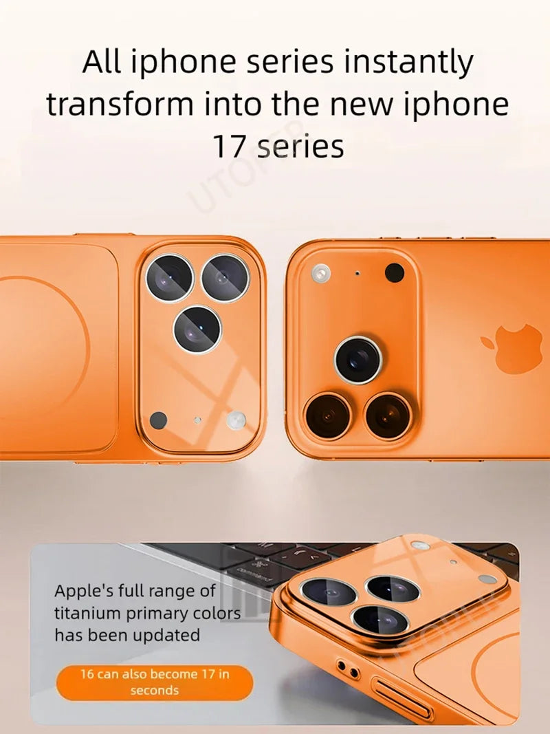Official Orange Magsafe Magnetic Glass Phone Case for iPhone 17 Air 16 15 14 13 Pro Max Hard Shockproof Protect Matte Cover.