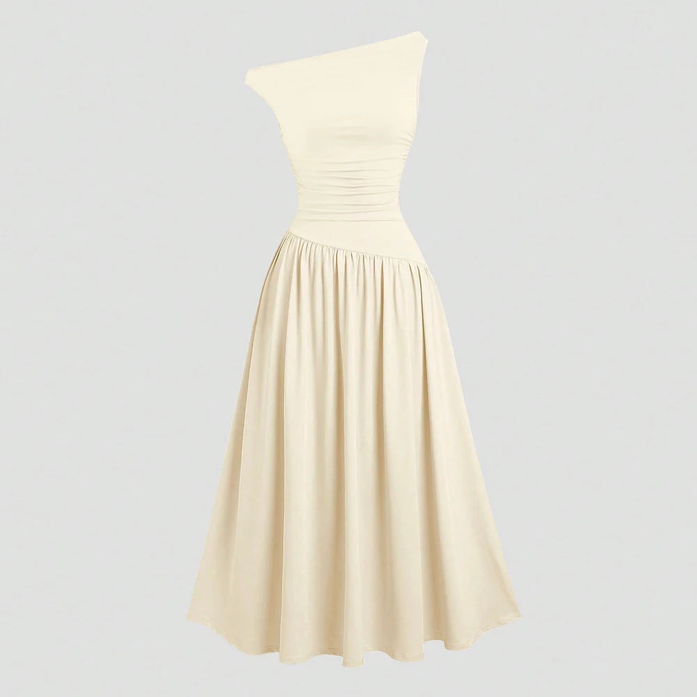 Mia Muse Kleider Sommer Französisch Einfarbig Asymmetrische Falten Ärmellose One-Shoulder Drapierte Midi Basics Kleider Für Frauen.