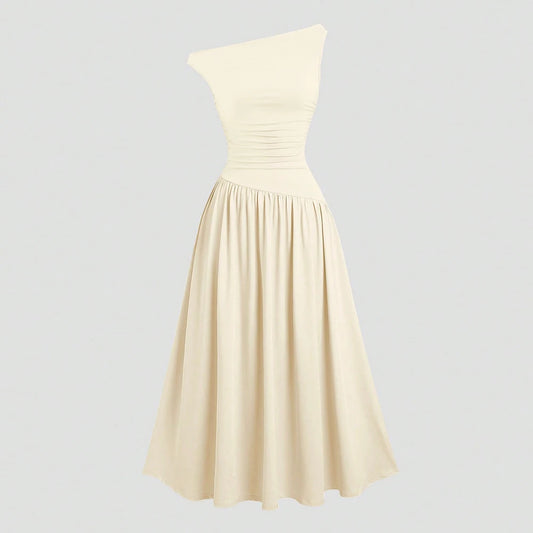 Mia Muse Kleider Sommer Französisch Einfarbig Asymmetrische Falten Ärmellose One-Shoulder Drapierte Midi Basics Kleider Für Frauen.