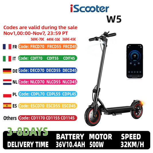 ISCOOTER W5 Electric Scooter Adults 350W motor 36V7.8Ah E-Scooter 8.5" Inflatable road Tires Foldable EScooter.