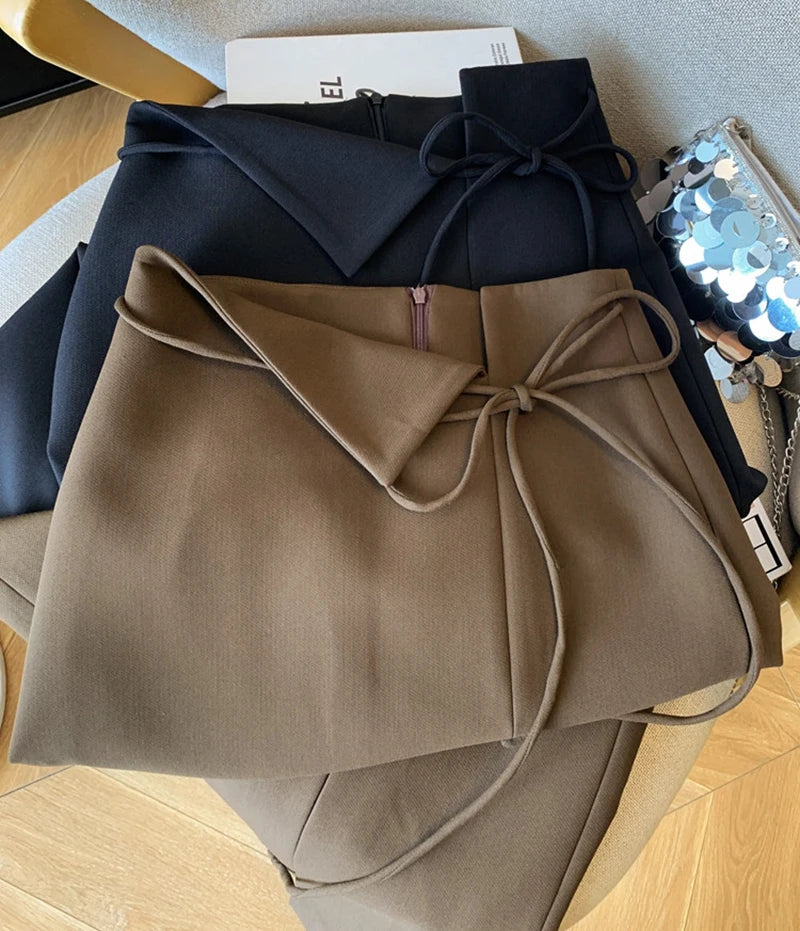 Elegant Slit Midi Skirt Women Fashion Black Bandage Split Suit Skirts  Office Ladies Korean Casual A Line Streetwear Skirt New.