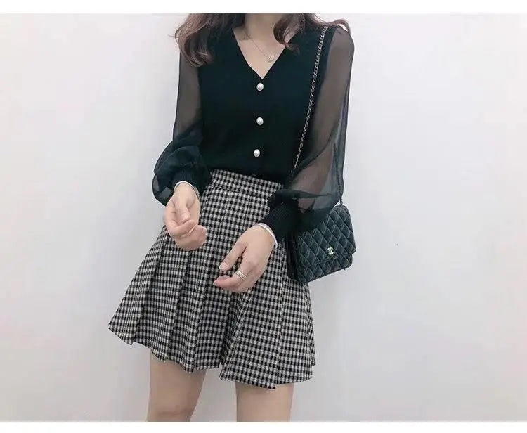 clothe Women's Spring Autumn Style Chiffon Blouses Shirt Women's Knitted Button Long Sleeve Solid Color Lace Patchwork Tops.