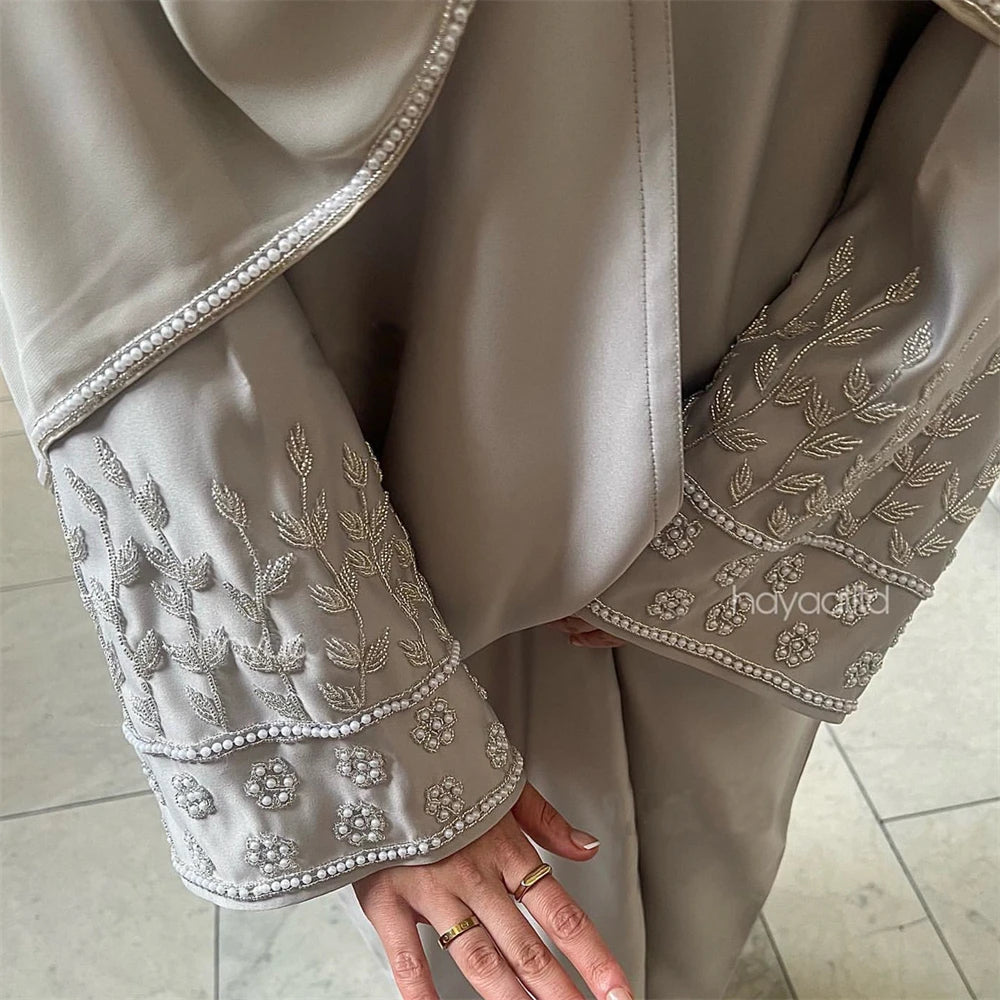 Ramadan Eid Open Beading Kimono Abaya Dubai Muslim Prayer Clothes Women Kebaya Kaftan Dress Islam Robe Arabe Femme Musulmane.