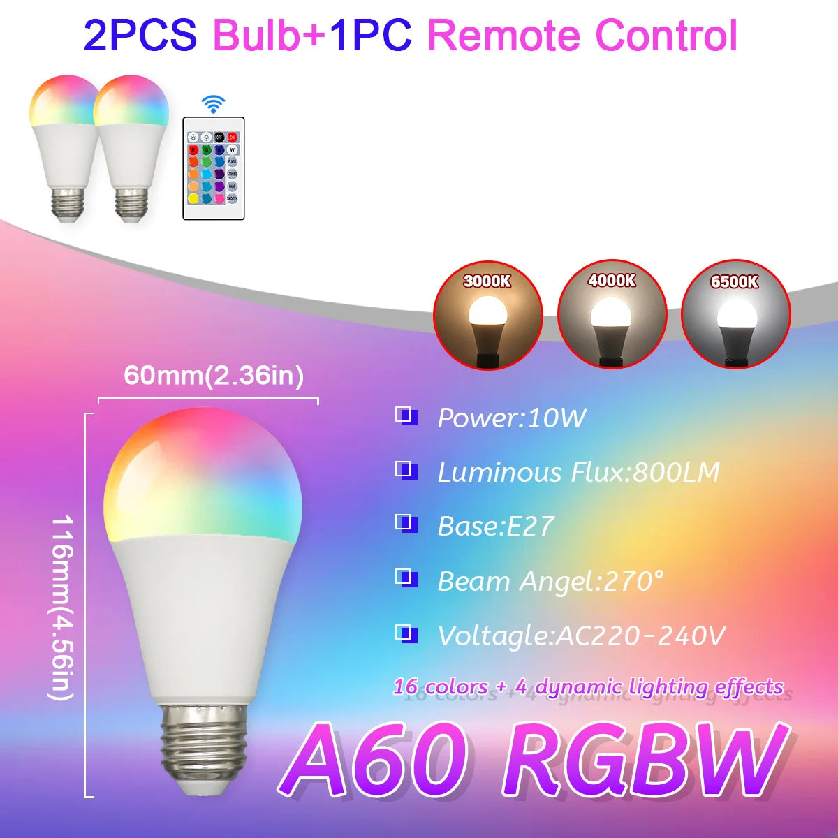 E27 RGB LED Light Bulb 220V 10W with IR Color Changing Control Remote Multicolor + White Lamp Spotlight for Bedroom Party Home