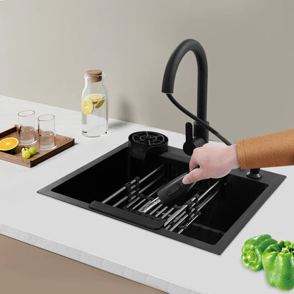 Multifunktionales Küchenspülbecken aus Edelstahl, rechteckiges schwarzes Küchenspülbecken mit ausziehbarem Wasserhahn und 300 ml Seifenspender