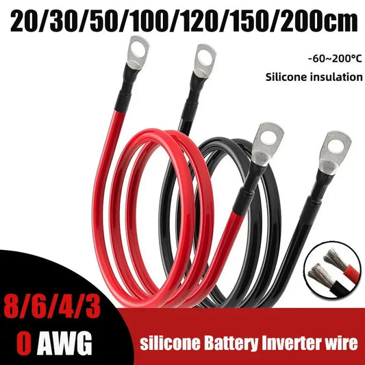 Soft Car Battery Silicone Cable with M6 M8 M10 Lug Red Black 8 6 4 3 0 AWG Electrical Wire for Auto RV Solar Panel Inverter UPS.