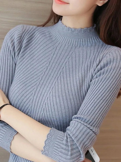 2025 herbst Frauen Mock Neck Rüschen Pullover Langarm Gestrickte Bodenbildung Solide Pullover Streifen Frauen Casual Pullover Winter.