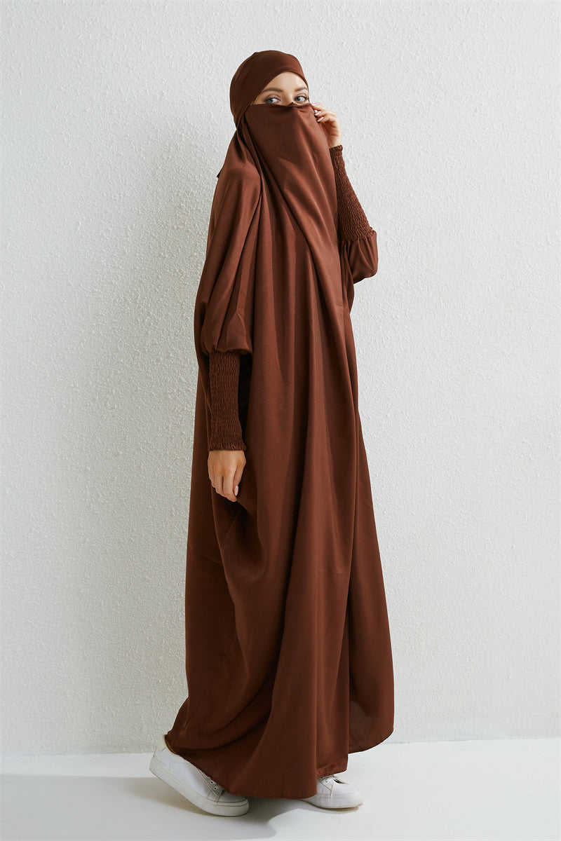 Muslimische Abaya mit Kapuze, Smockärmel, einteiliges Gebetskleid, Damen, Jilbab, islamische Kleidung, Dubai, Saudi-Arabien, schwarze Robe, türkische Bescheidenheit.
