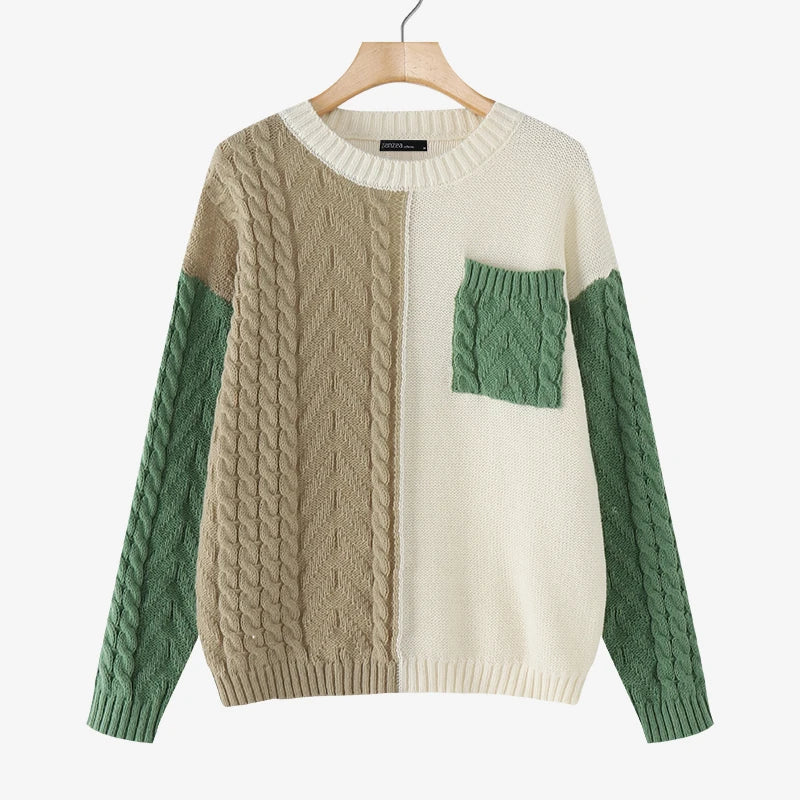 ZANZEA 2025 Autumn Patchwork Sweaters Women Pullovers Kintted Jumper Stylish Long Sleeve Winter Sweater O Neck Jumper Streetwear