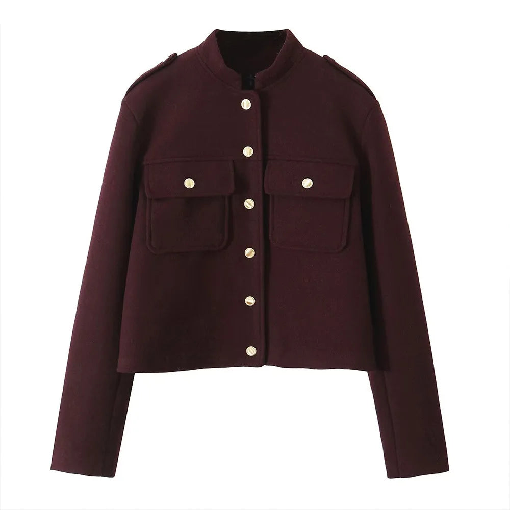 ZBZA Women's Retro Wine Red Cropped Jacket Stand Collar Long Sleeve Buttoned Epaulettes Patch Pocket Coat Fall Winter New Jacket.