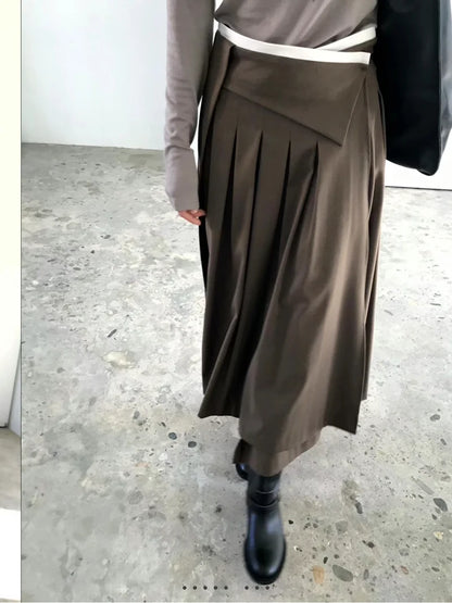 Elegant Pleated Midi Skirt Women Fashion Patchwork Asymmetrical Skirts Summer Office Ladies Korean Casual Design A Line Faldas.