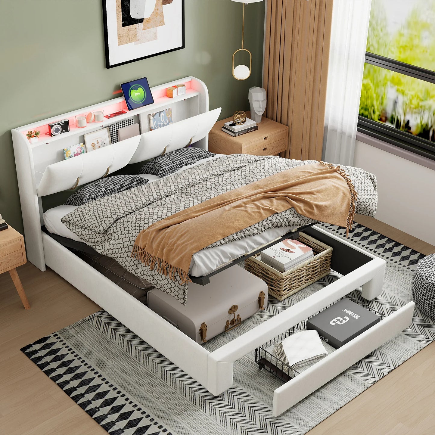 Lazy space Samt gepolsterter Bett rahmen mit RGB-Licht, USB-Anschluss Kopfteil, hydraulische Aufbewahrung sbett box, Doppelbett 140/x cm