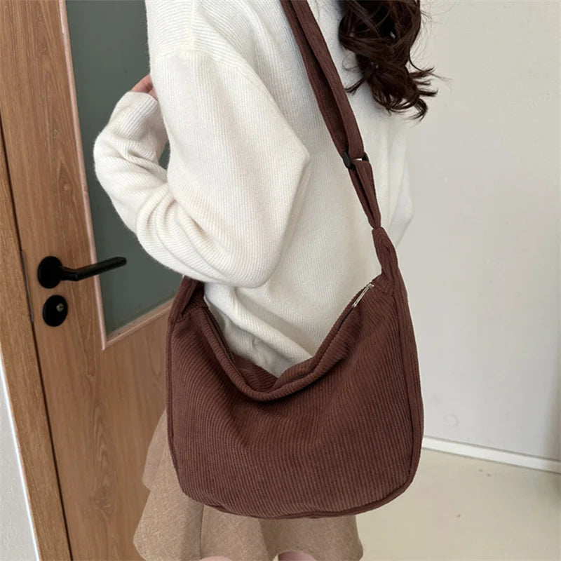 Corduroy Shoulder Bag Minimalist Crossbody Bag Women's Handbags Fashion Fabric Underarm Bag Solid Color Zipper Female Handbag