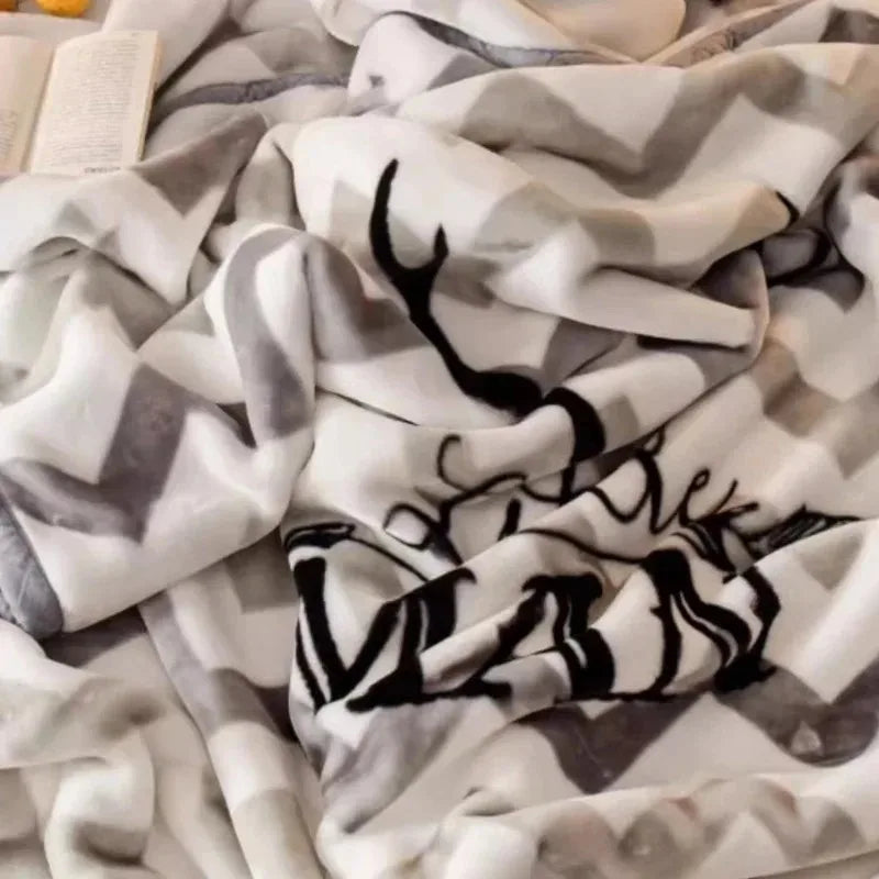 Modern Geometric Cartoon Printed Bedroom Blanket Coral Fleece Dormitory Quilt Thicking Double Layer Multi Purpose Bedding Sheets.