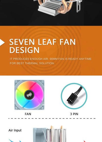 Aigo CPU Cooler 2 4 6 Heat Pipes PC Radiator Cooling 3PIN PWM Silent Rgb Fan For Intel  1700 1150 1155 1156 1366 AM2/AM3/AM4 AMD.