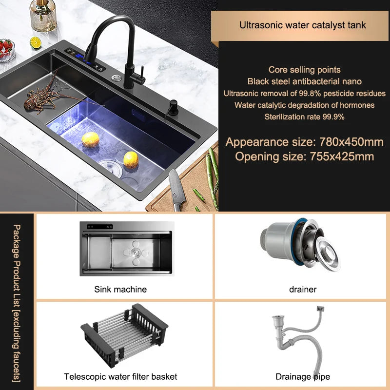 Kitchen Sink Stainless Steel Dishwashing Sink Ultrasonic Sink Dishwasher Multifunctional Intelligent Net Washer For Kitchen