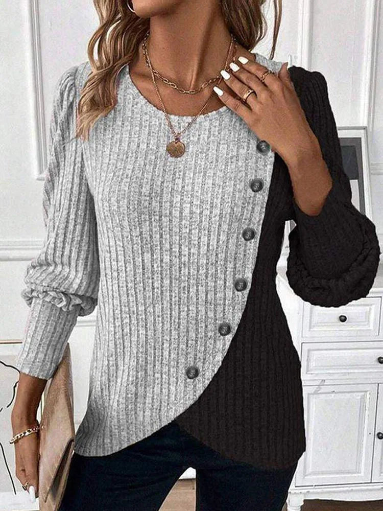 Herbst Langarm Tasten Pit Gestreiften Frauen Pullover Kontrast Farbe Lange Hülse O-ansatz Pullover Lose Einfache Gestrickte Kleidung.