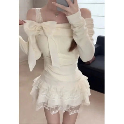 Morning Collar French Style One Shoulder Butterfly Knot Long Sleeve T-Shirt Women's Autumn Winter Slim Fit Inner Wear Top.