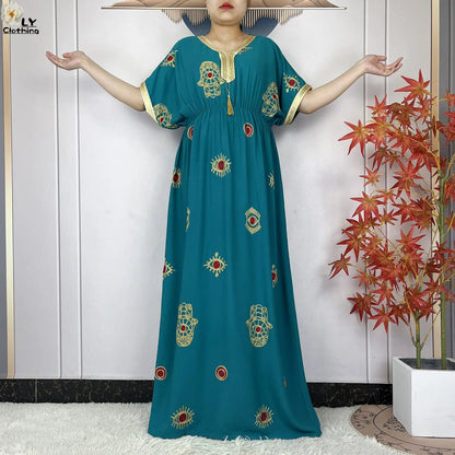 New Dubai Fashion Women Party Evening Dress 2024 Summer Short Sleeve Elasticity Embroidery Femme Robe African Islam Loose Abaya