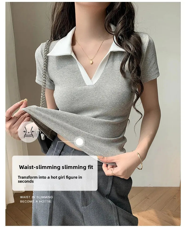 Chic Short Sleeve Polo Neck T-Shirt Women's Summer New Design Sensation Gexuan Fashionable Flip Collar Shoulder Length.