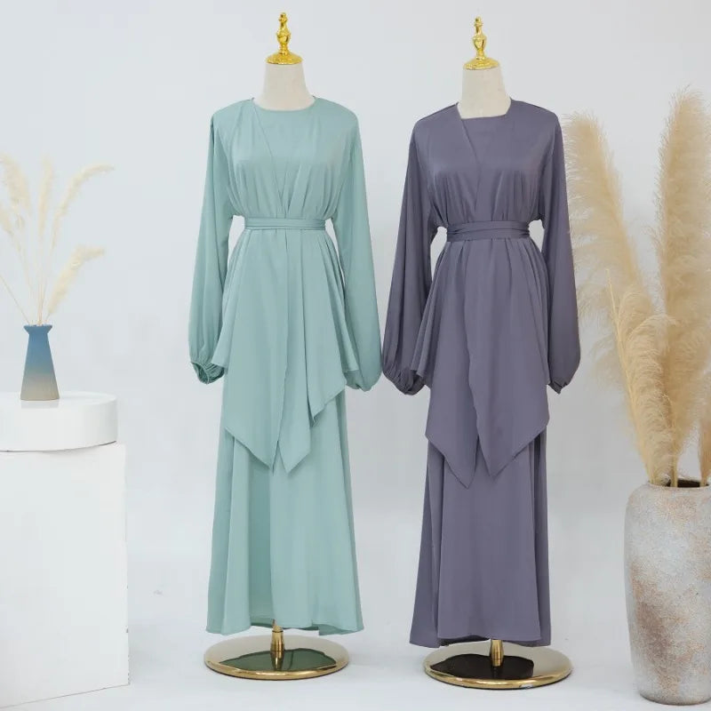 2-teiliges Saudi-Arabien muslimisches Damen-Abaya-Kleid aus Satin für Damen, Islam, Dubai, Urlaub, bescheidene Kleidung, 2024, elegante türkische Robe