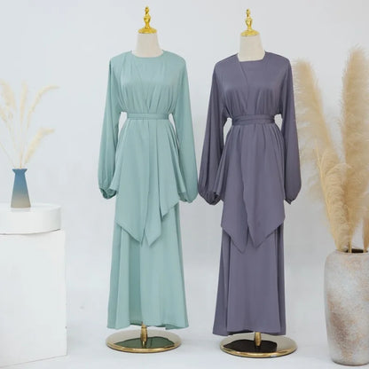 2-teiliges Saudi-Arabien muslimisches Damen-Abaya-Kleid aus Satin für Damen, Islam, Dubai, Urlaub, bescheidene Kleidung, 2024, elegante türkische Robe