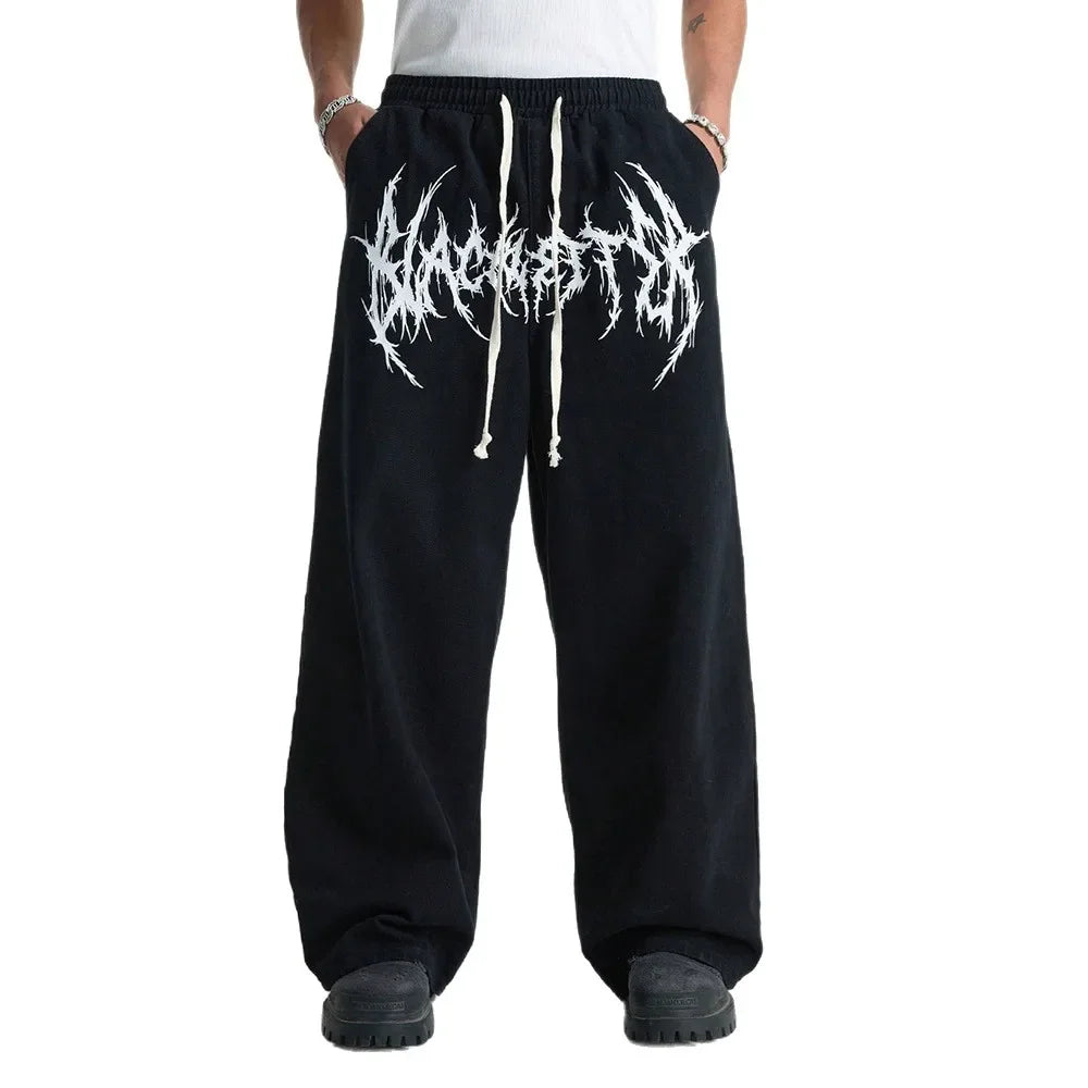 Retro Printed Casual Men's Pants Loose Wide Leg Summer 2025 New Style Versatile Long Trousers Comfortable Fit Sports Style.