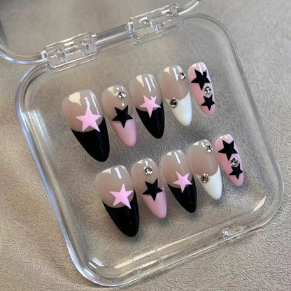 10pcs Handmade Press On Nails Black White Pink French Style False Nails Paches Star Designs Wearable Almond Fake Nail For Women.