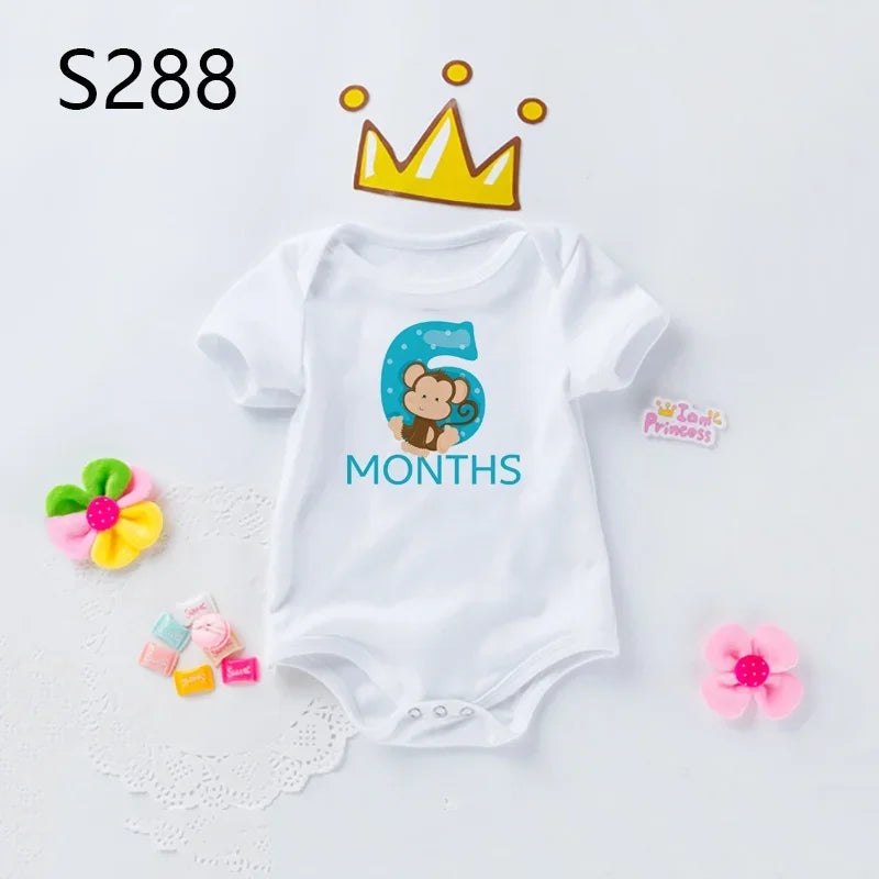Monatlicher Meilenstein-Baby-Body, niedliches Tier, 1–12 Monate, Einteiler, Babyparty, Geschenk, Monatsbilder, monatliche Overall-Kleidung.