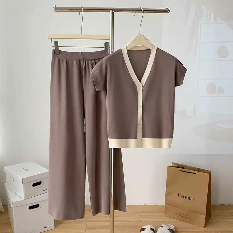 Fashion Knitted 2 Pieces Sets Women V-Neck Single Breasted Cardigan+High Waist Wide Leg Long Pants 2024 New Solid Sweater Suits.