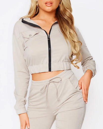 Autumn Women's New Zipper Short Long Sleeve Suit Solid Color Fashion Lace Up Casual Sports Small Foot Pants Female 2 Piece Set.