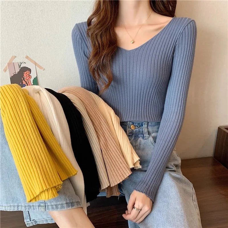 2025 einfarbig Schlank Pullover Koreanische Herbst Winter V-ausschnitt Pullover Mode Lässig Langarm Gestrickte Pullover Frauen Kleidung.