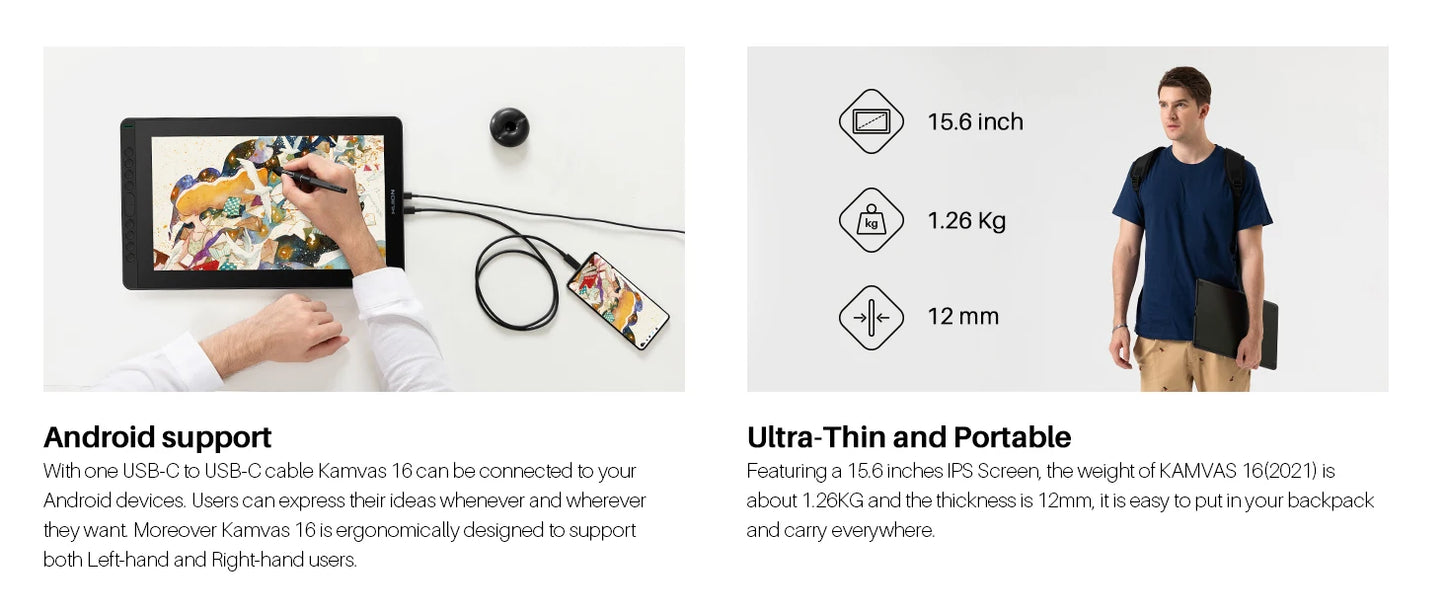 HUION New Arrival Kamvas 16(2021) Graphics Drawing Monitor Battery-free Digital Pen Tablet For Win/MAC And Android 120%s RGB.