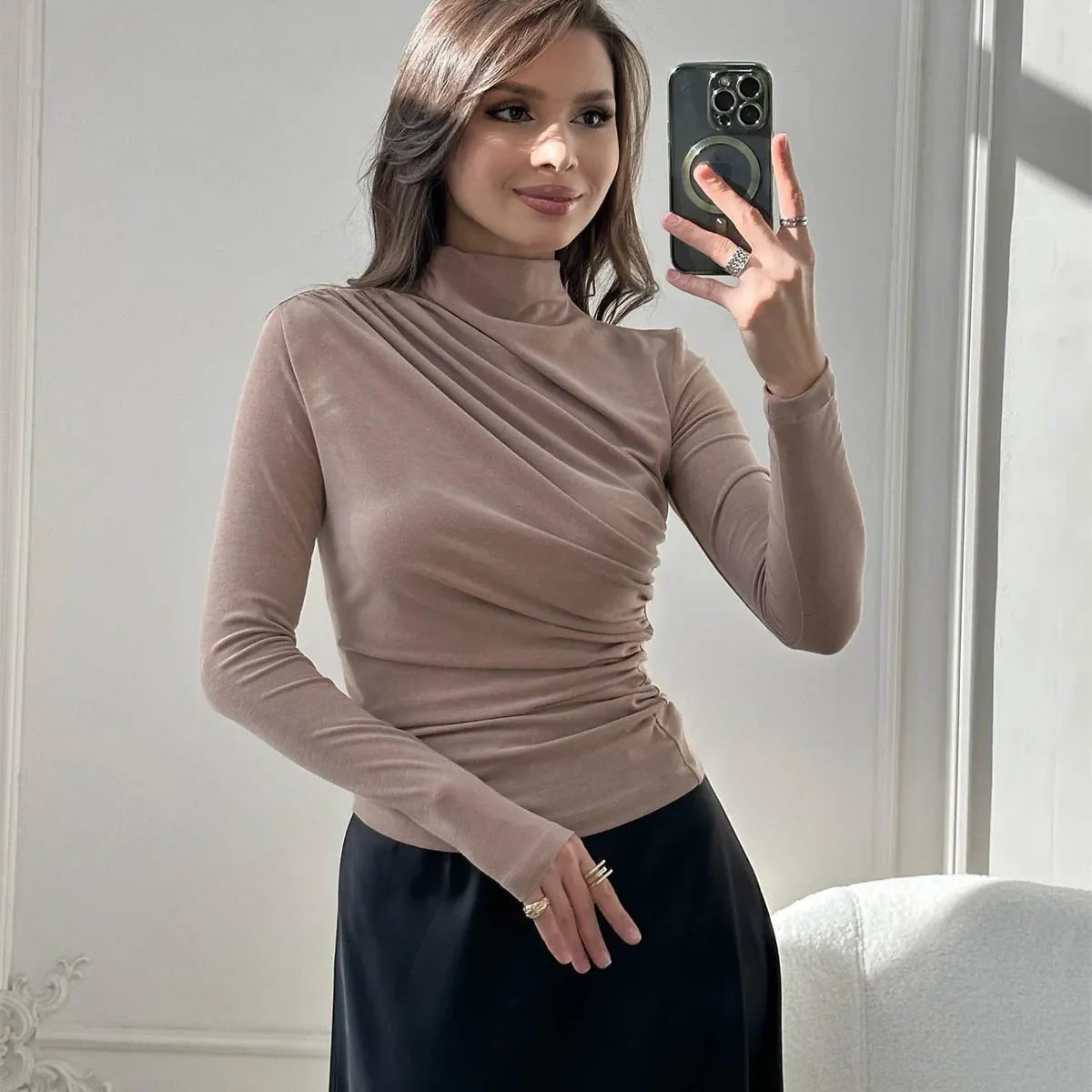 Sexy Long Sleeve T-Shirt Women's Stand Collar Slimming Base Layer Top Wholesale European and American Foreign Trade Women's Clot.