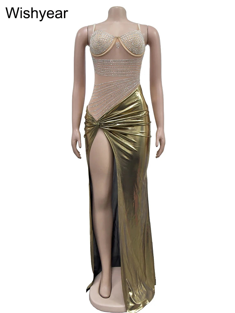 Wisheyar elegante Promi Glitter Metallic Silber Geburtstag lange Kleider Frauen ärmellose Front Split Luxus Geburtstag Vestidos.